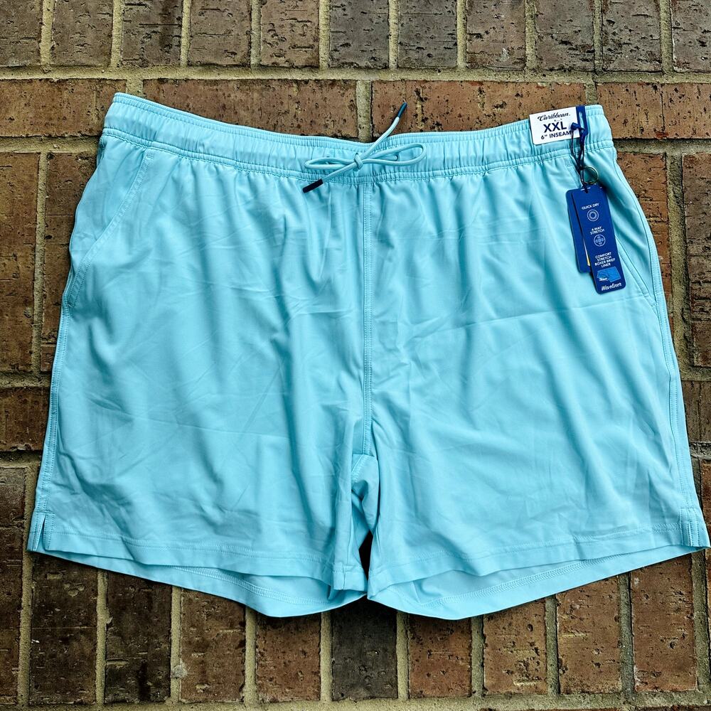 Caribbean Men's Light Blue Stretch Elastic Waist Swim Trunks Shorts Size XXL NWT